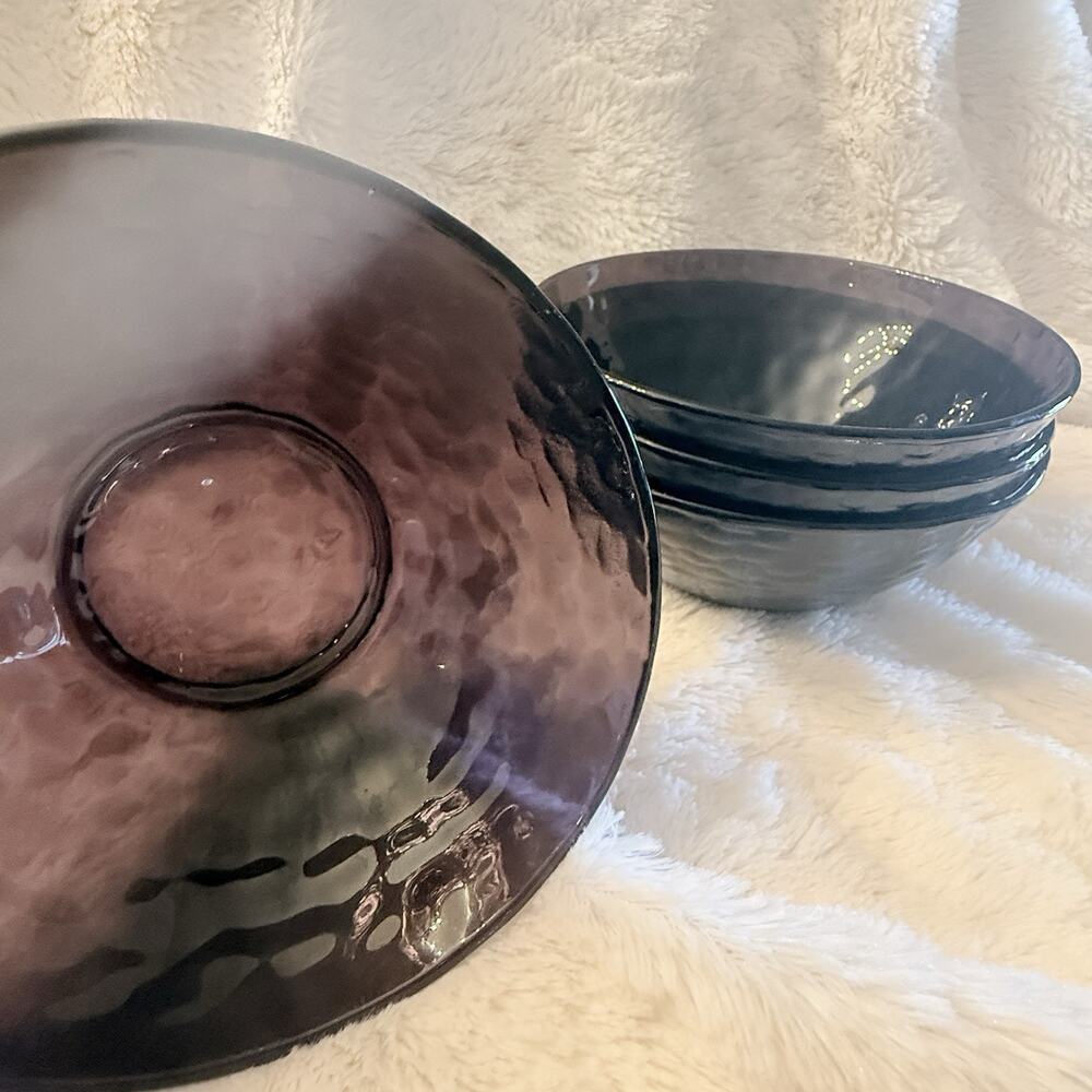 Set Of 4Bormioli Rocco Palatina 5.5" Purple Hammered Amethyst Glass Cereal Bowls